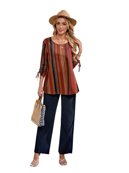 

emery rose striped drawstring blouse & pants q6uk#, White
