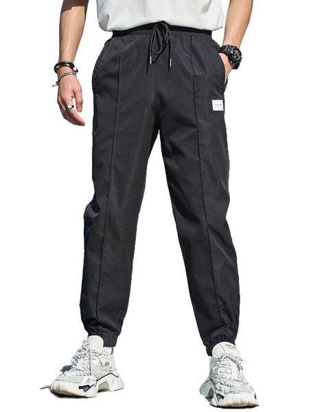 

men letter patched seam detail drawstring waist pants g0ph#, Black
