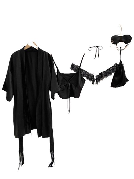 

5pcs contrast eyelash lace tie front belted satin pj set i7wo#, Black;red