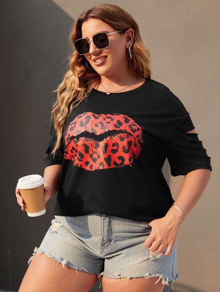 

plus leopard lip print ripped sleeve tee g3zy#, Black