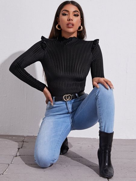 

frill trim ribbed velvet slim tee k59p#, White