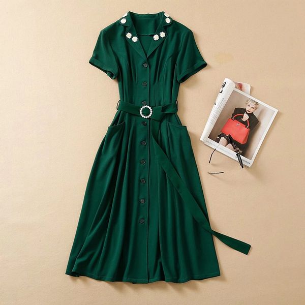 

women runway vintage dresses short sleeve embroidery floral office lady, Black