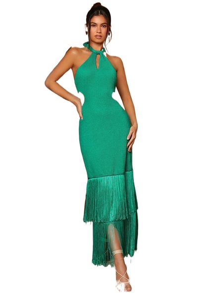 

tie backless cut out fringe trim halter dress s2du#, Black;gray