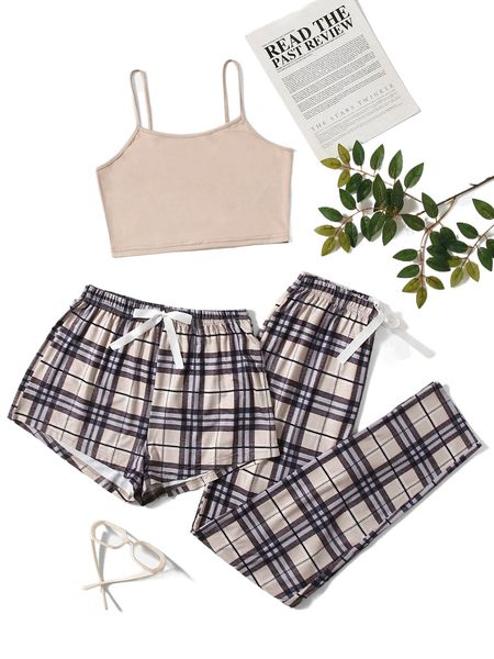 

3pcs plaid knot front cami pj set o7d4#, Black;red