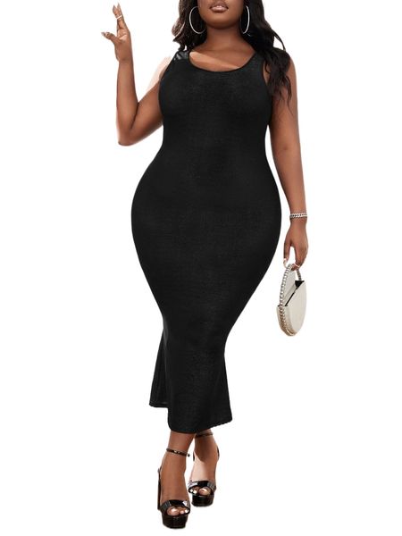 

plus solid bodycon dress c6io#, Black