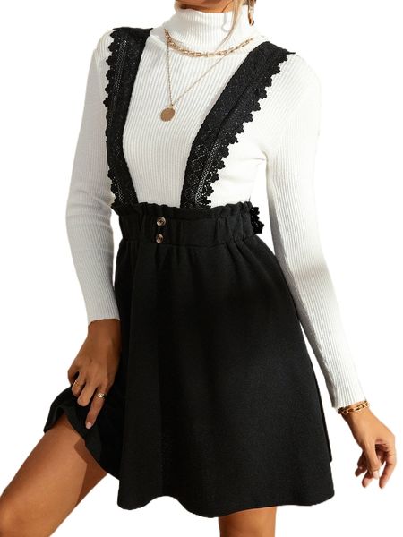 

contrast guipure lace fake button frilled pinafore skirt k3xe#, Black
