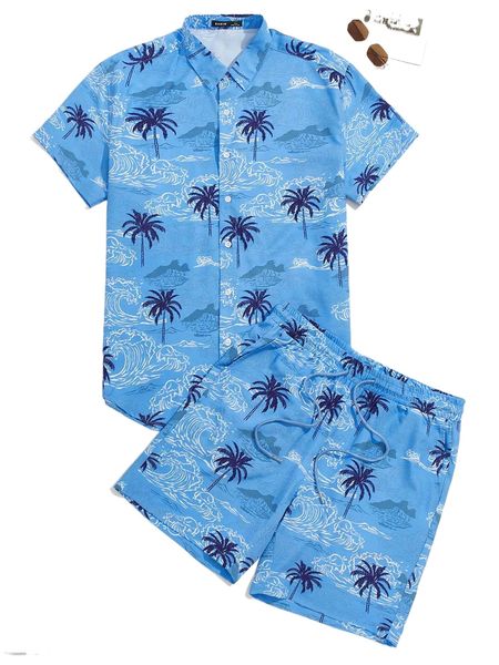 

men palm tree & wave print shirt & drawstring waist shorts d8rg#, Gray