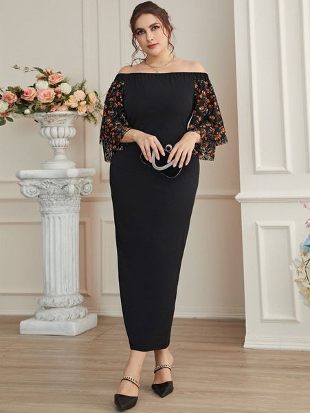 

plus off shoulder contrast floral flounce sleeve dress 66ik#, Black