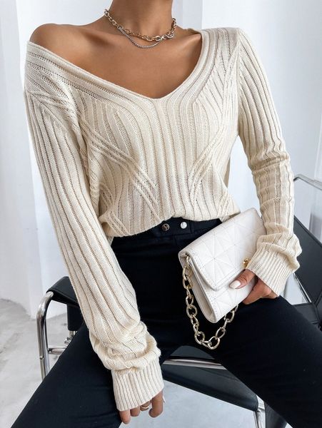 

solid v neck sweater a9om#, White;black