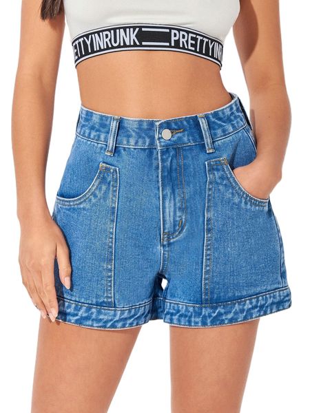 

petite contrast stitch straight leg denim shorts b6l0#, White;black