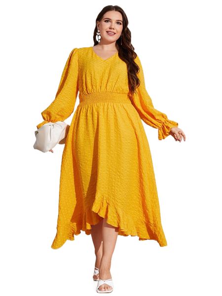 

plus flounce sleeve shirred waist ruffle hem dress n7kw#, Black