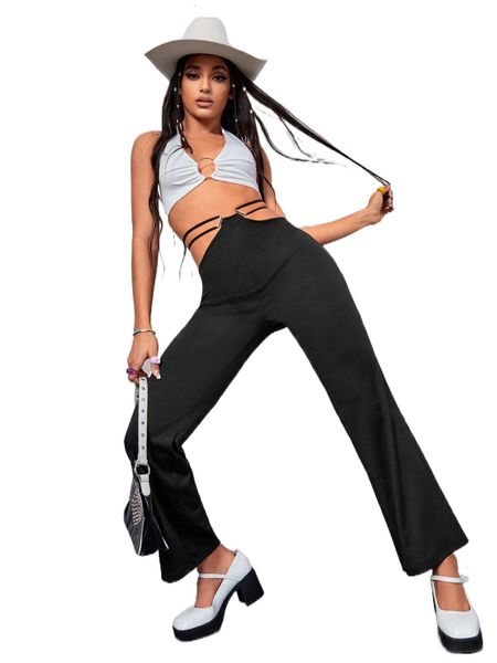 

cut out tie back flare leg pants s50t#, Black;white