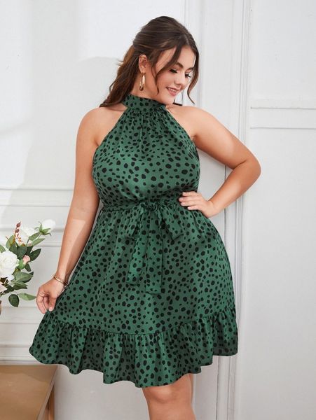 

plus dalmatian print ruffle hem belted halter dress a8xr#, Black