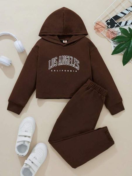 

girls letter graphic hooded sweatshirt & sweatpants she, White