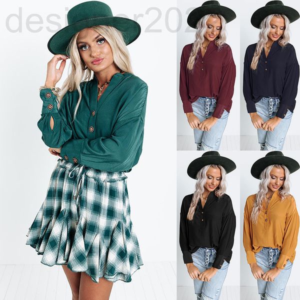 

women's polos designer 2022 spring and summer new women's fashion solid color v-neck long sleeve loose casual shirt om9952, White