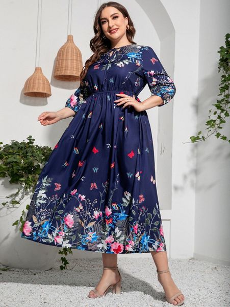 

plus butterfly & floral print lantern sleeve tie neck dress k5ej#, Black