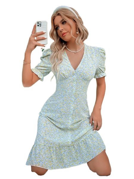 

ditsy floral puff sleeve ruffle hem dress i0a8#, Black;gray
