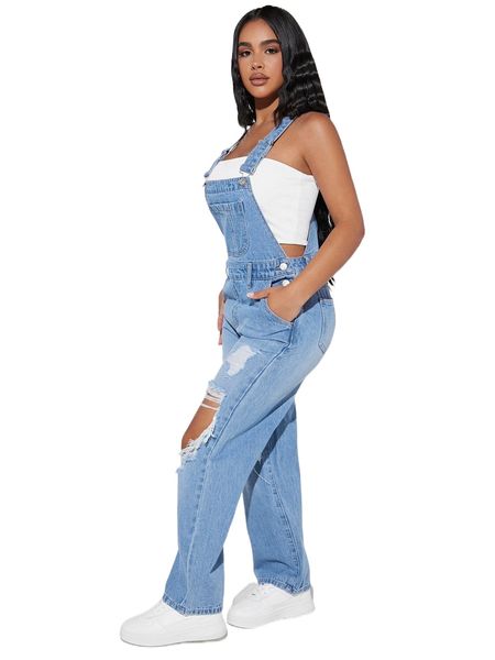 

petite ripped cut out denim overalls without tube n1db#, Black;white