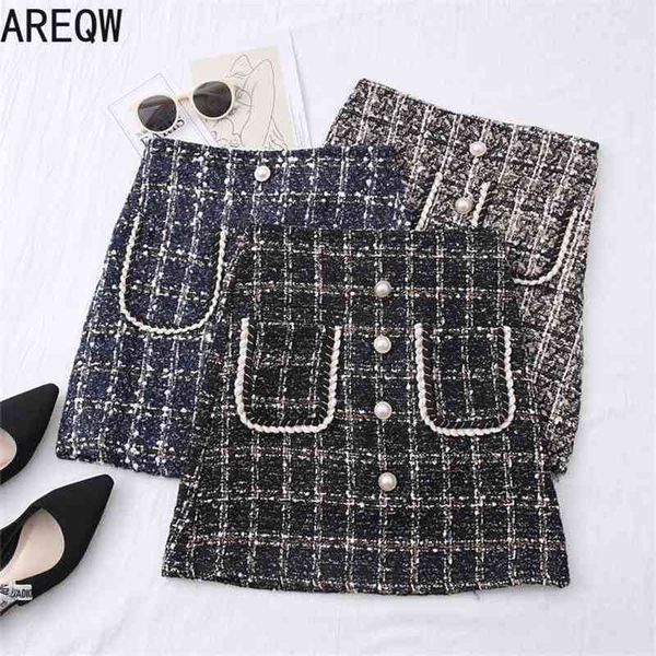 

new spring autumn women clothes tweed skirts slim short mini skirt with two pockets 210325, Black