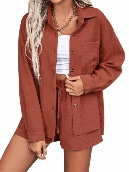 

patched pocket drop shoulder blouse & drawstring waist shorts l99f#, White