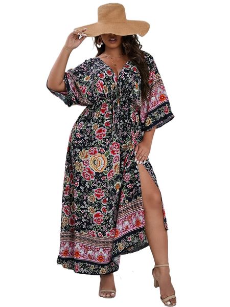 

plus size dresses plus floral print deep v-neck split thigh dress n38h#, Black