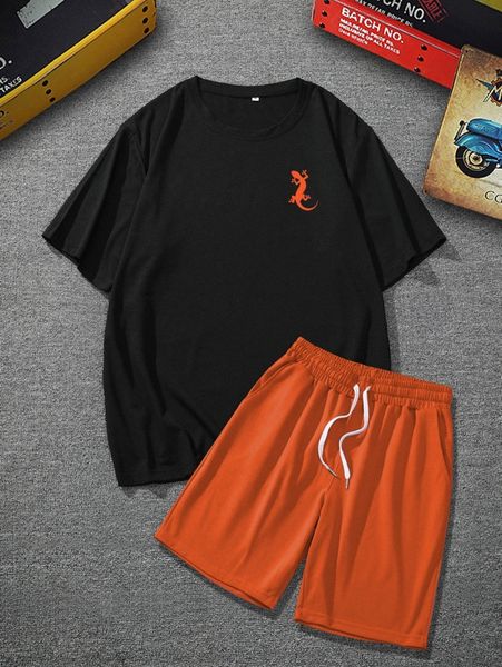 

men lizard print tee & drawstring waist shorts o4lc#, Gray