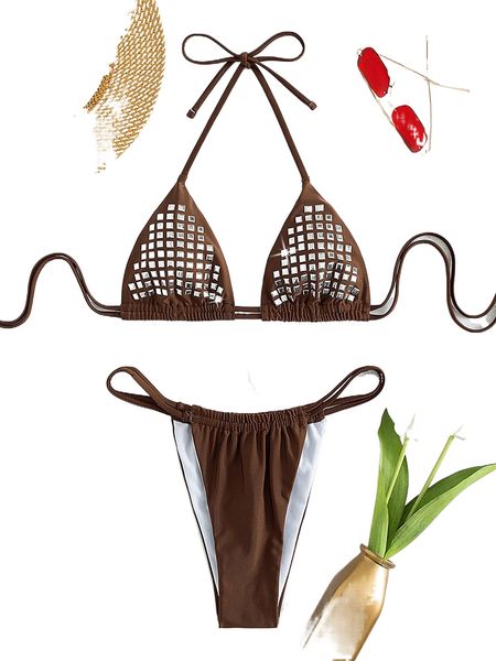 

studded halter triangle bikini swimsuit m3h1#, White;black
