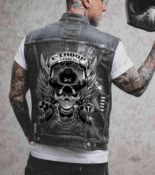 

2150 * skull print casual denim vest men's lapel sleeveless jacket, Black;brown