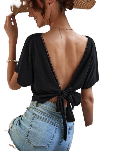 

frenchy tie backless batwing sleeve tee a1up#, White