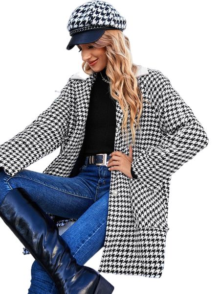 

houndstooth dual pocket contrast collar raglan sleeve tweed overcoat i5hy#, Black