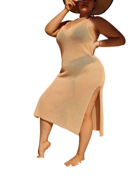 

plus split thigh v back cover up dress without bikini g8a1#, Black