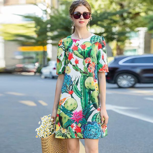 

women's runway dress o neck short sleeves printed a line short dresses high street casual summer vestidos, Black