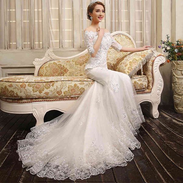 

ball gown wedding dresses white one shoulder collar wedding dress korean medium sleeve fishtail bride gets married and looks thin