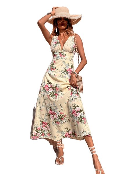 

floral print plunge neck dress 87gd#, Black;gray