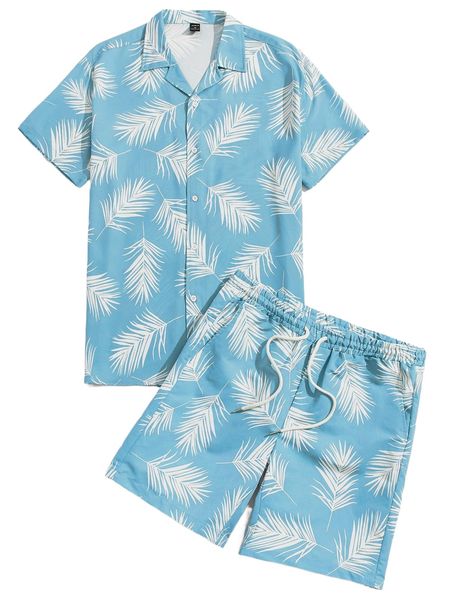 

men tropical print shirt & drawstring waist shorts h9xd#, Gray
