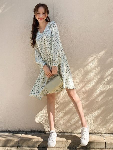 

dazy floral print v neck smock dress q9gm#, Black;gray