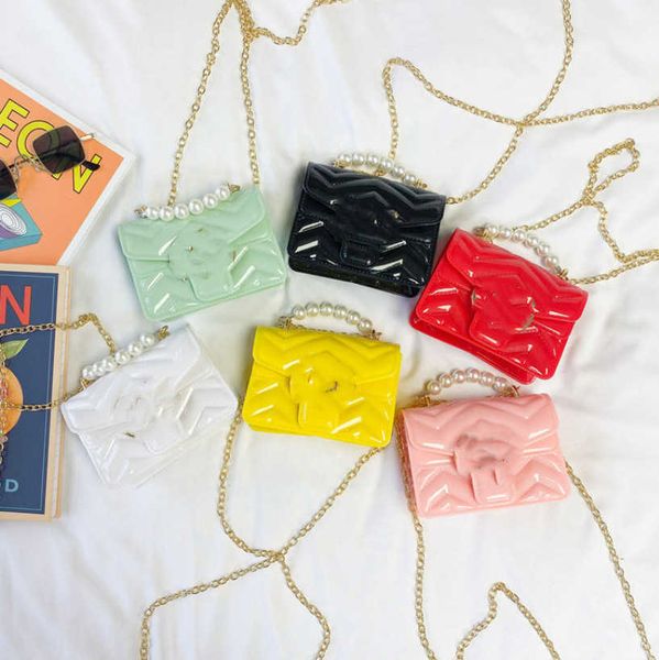 

handbag kids jelly girls metal letter square bag children pearl chain messenger bags, Black