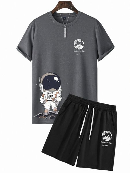 

men astronaut & slogan graphic tee & drawstring shorts t2pj#, Gray