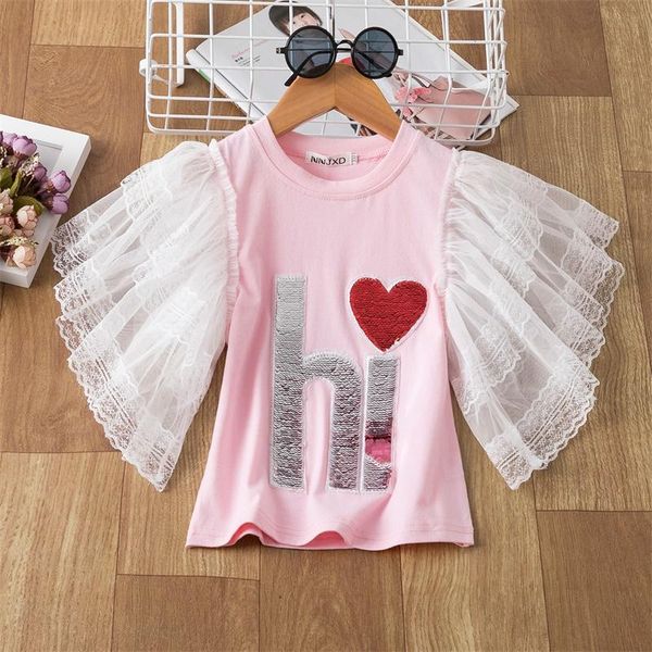 

t-shirts children's t-shirt girl summer lace short sleeve shirt lovely toddler cotton clothing little casual wear 3-8, Blue