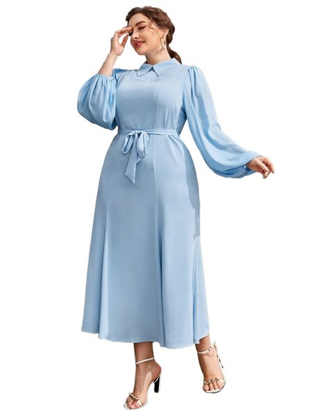 

plus lantern sleeve belted dress n4vp#, Black