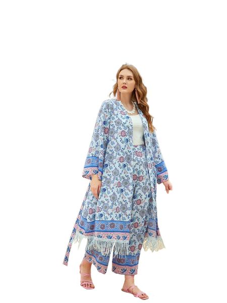 

plus floral print fringe trim belted kimono & wide leg pants k8gk#, Black