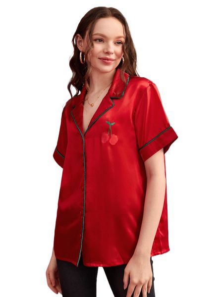 

x pino studios cherry print contrast piping satin blouse w1e2#, White