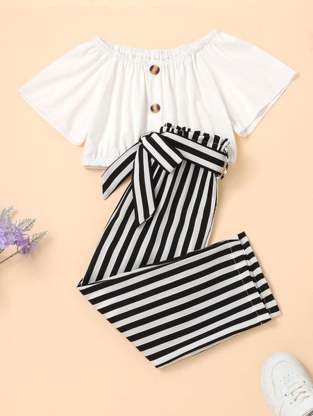 

toddler girls fake button & striped paperbag waist belted pants she02, White