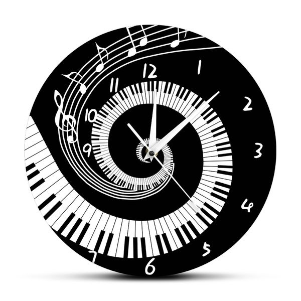 Tectas elegantes de piano de piano preto e branco Modern Wall Clock Notes Wave Round Tecly Lover Pianist Presente Y200110