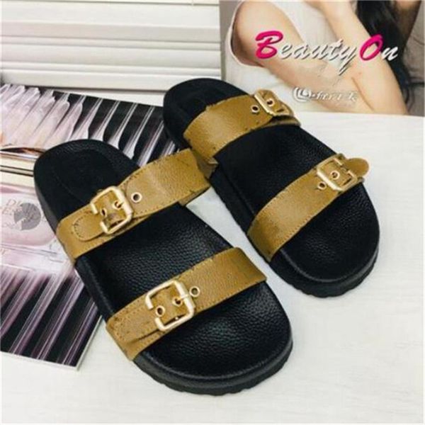 

classic flat slippers fashion belt buckle beach slides leather women designer sandals summer womens casual shoes size 35-41, Black