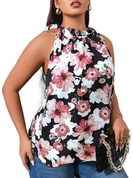 

plus all over floral print halter blouse z11v#, Black