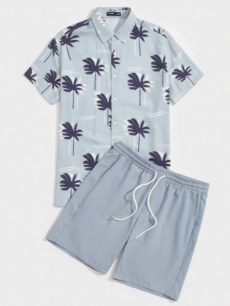 

men palm tree print shirt & drawstring waist shorts x4fx#, Gray