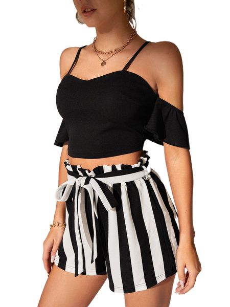 

tall c.old s.houlder t.op & s.triped p.aperbag w.aist b.elted s.horts g2hi#, White