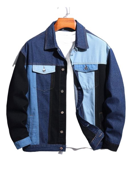 

men 1pc color block flap pocket denim jacket a81n#, Black;brown