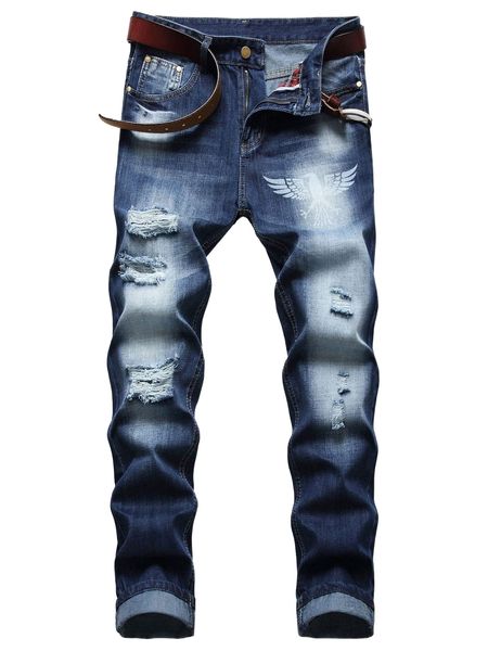 

men ripped moustache effect slim straight jeans w2b6#, Blue